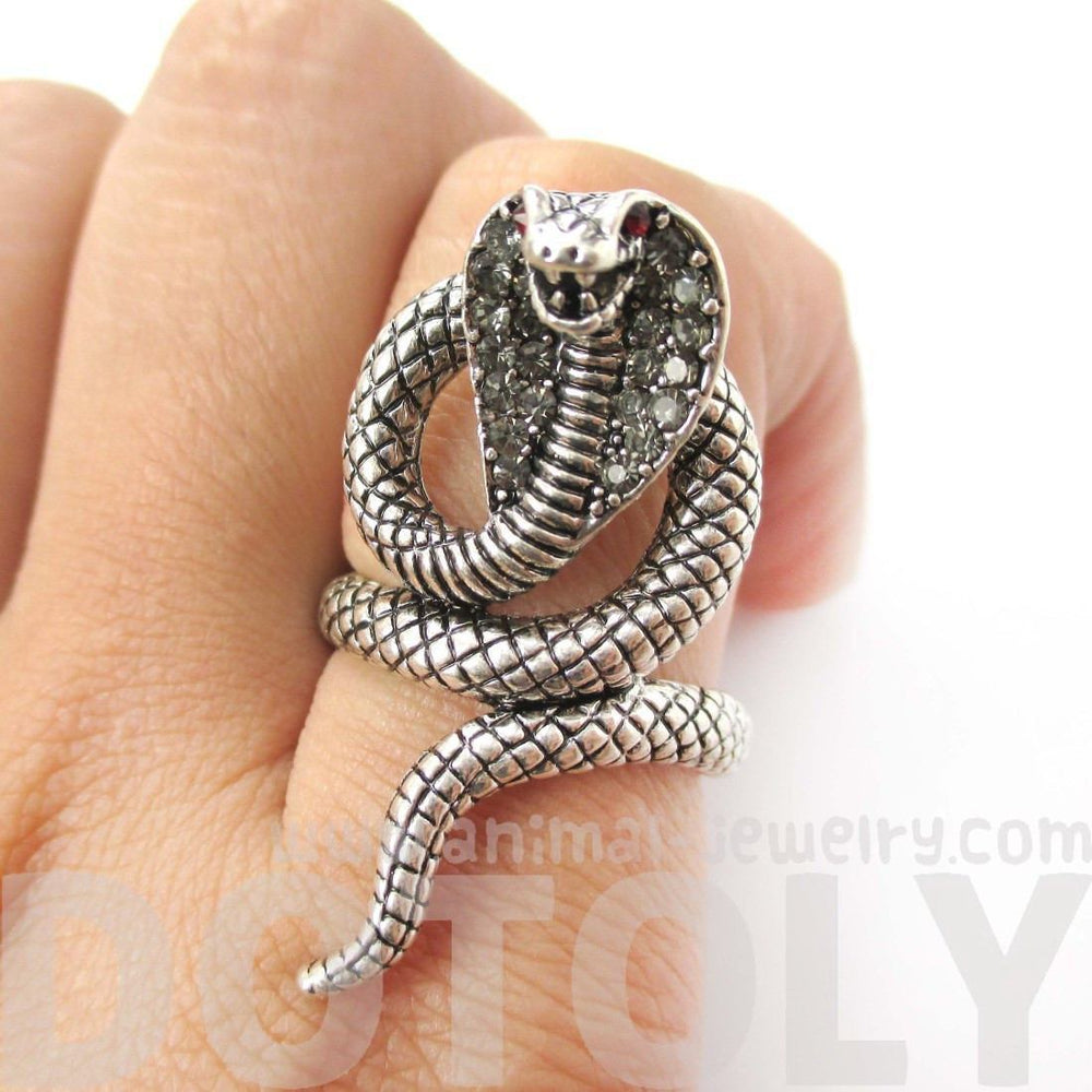 Realistic Cobra Snake Shaped Textured Animal Ring in Silver | US Size 7 to 9 | DOTOLY