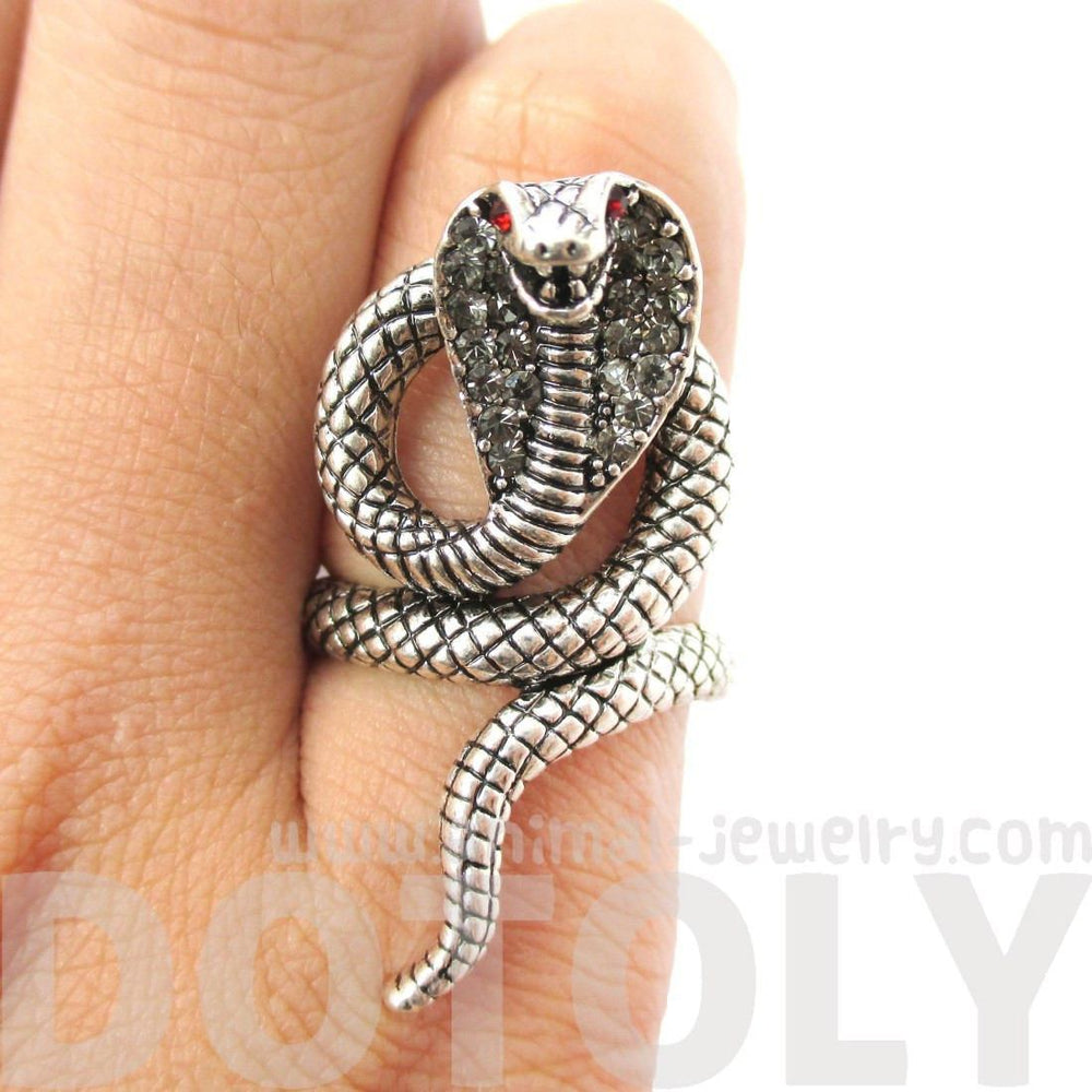 Realistic Cobra Snake Shaped Textured Animal Ring in Silver | US Size 7 to 9 | DOTOLY