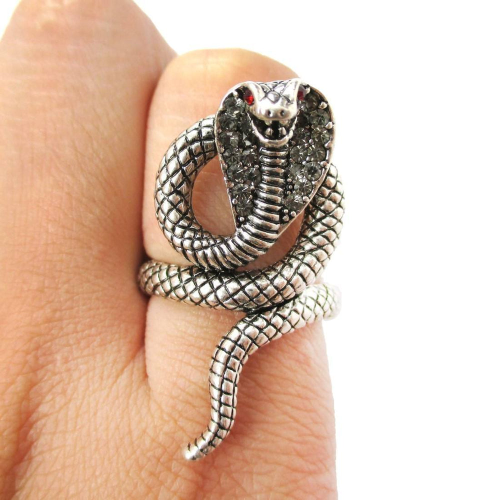 Realistic Cobra Snake Shaped Textured Animal Ring in Silver | US Size 7 to 9 | DOTOLY