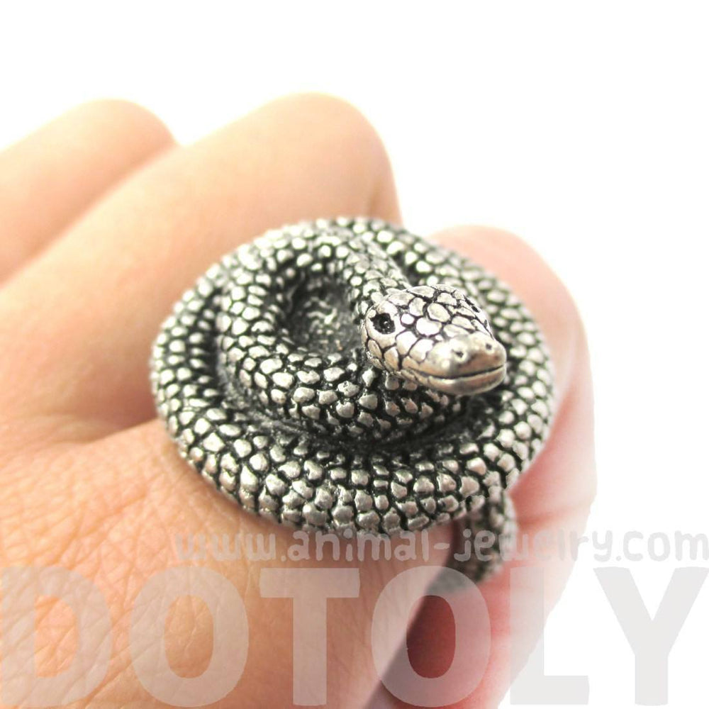 Realistic Coiled Snake On Your Finger Shaped Animal Ring in Silver | US Size 7 to 9 | DOTOLY
