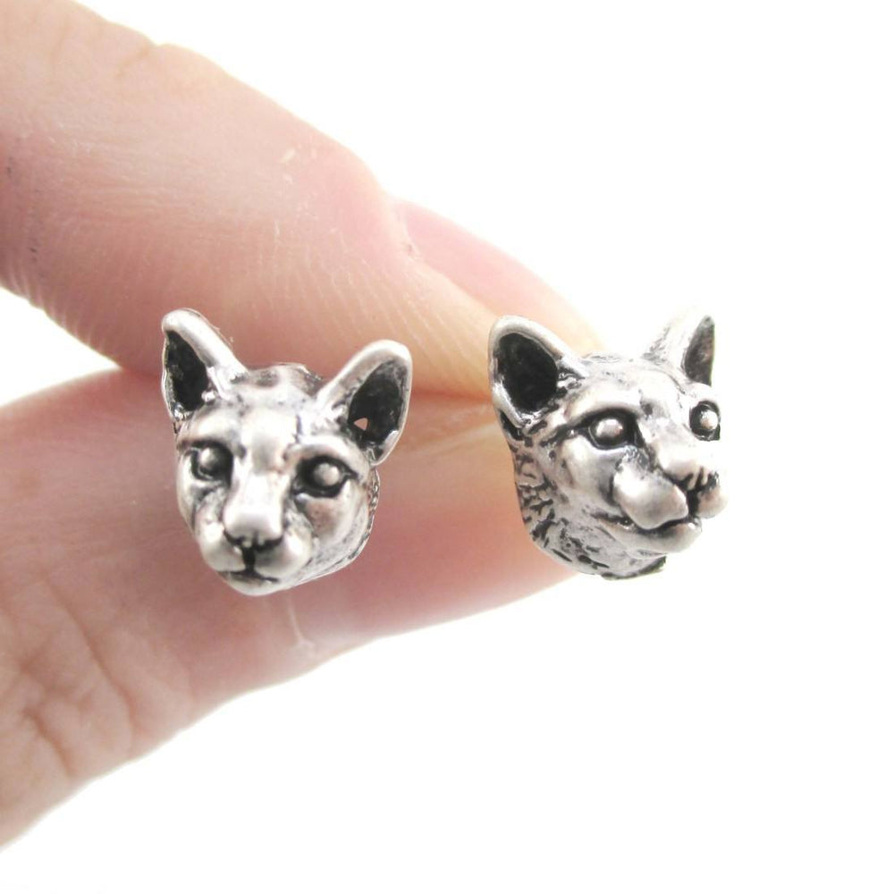 Realistic Cougar Lynx Wild Cat Face Shaped Stud Earrings in Silver | Animal Jewelry | DOTOLY