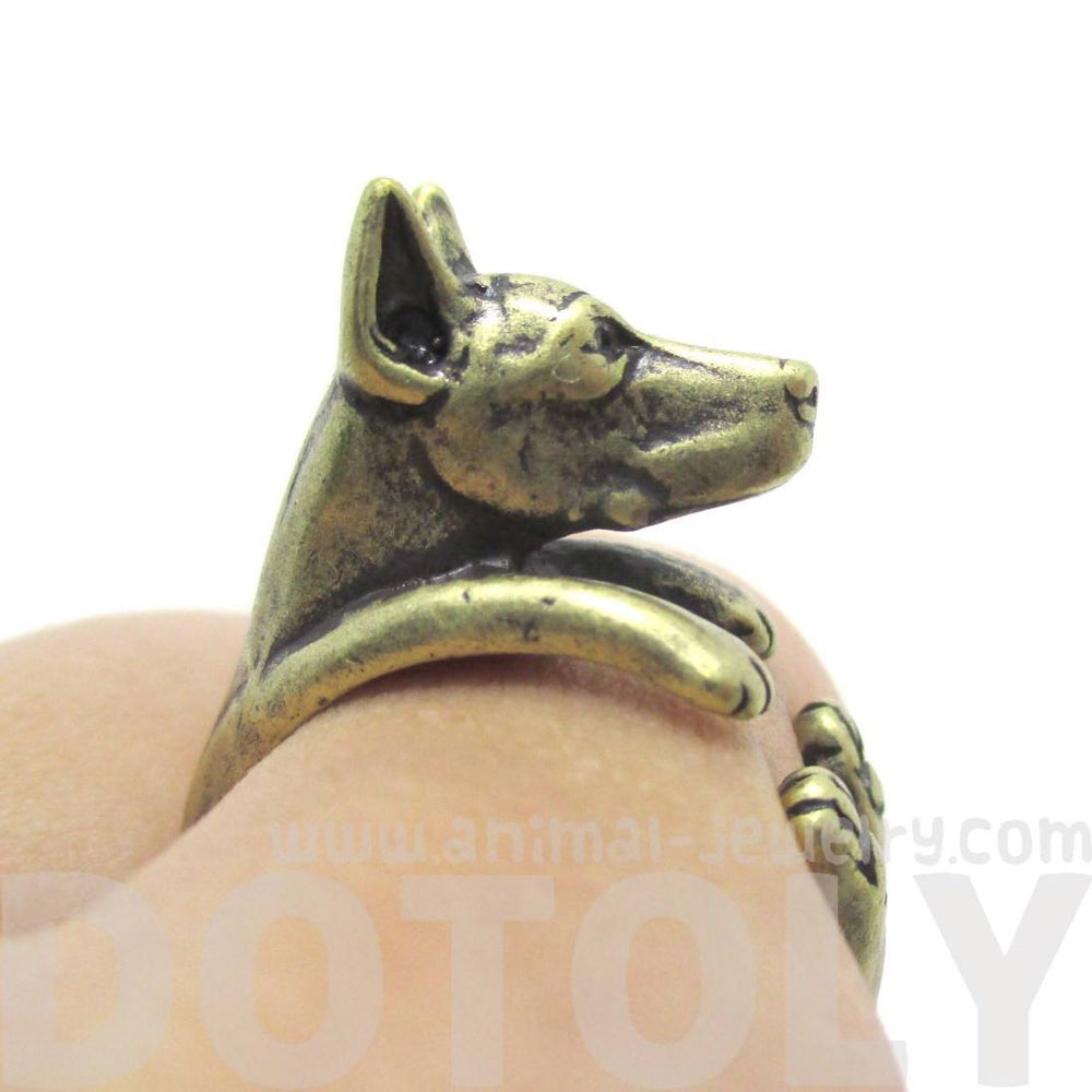 Realistic Doberman Pinscher Dog Shaped Animal Wrap Ring in Brass | Sizes 5 to 9 | DOTOLY