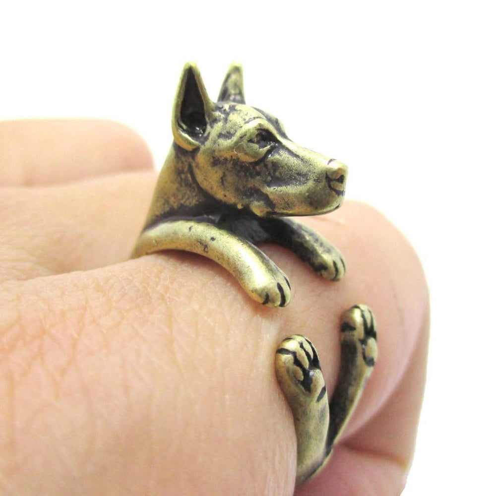 Realistic Doberman Pinscher Dog Shaped Animal Wrap Ring in Brass | Sizes 5 to 9 | DOTOLY