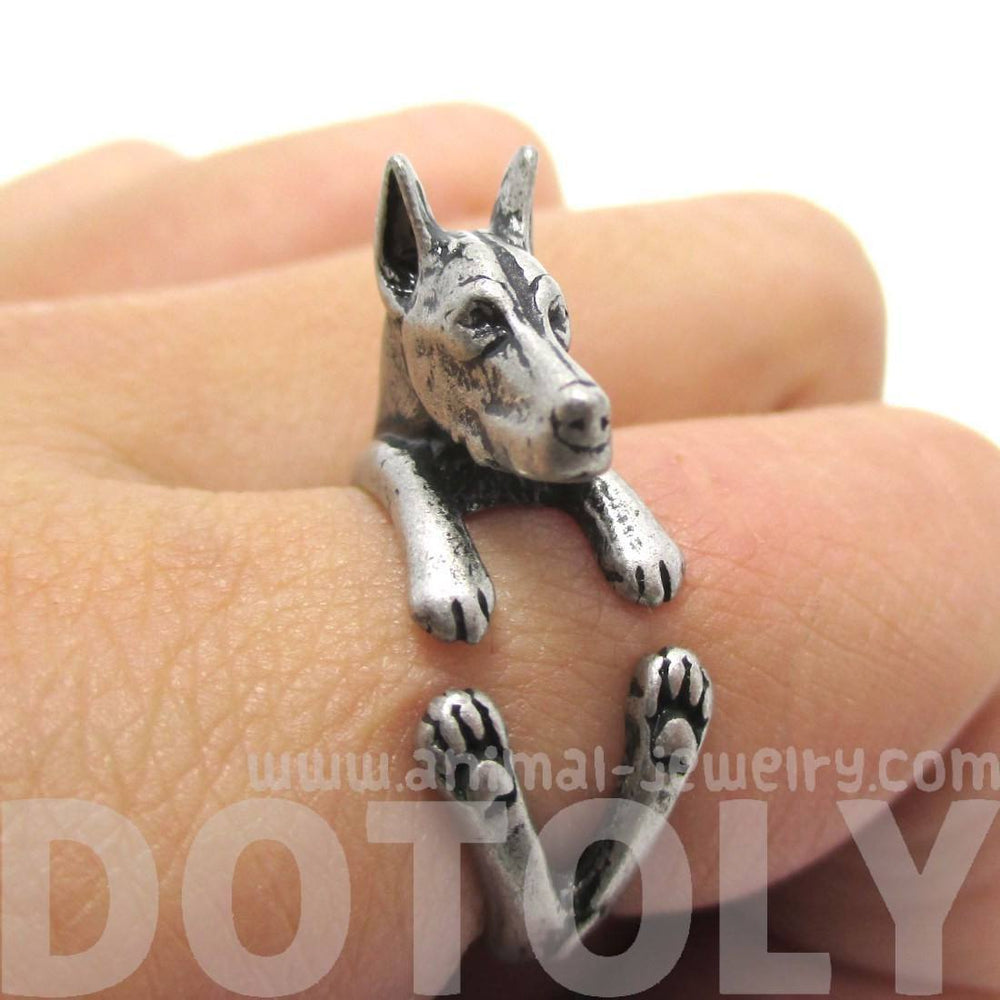 Realistic Doberman Pinscher Dog Shaped Animal Wrap Ring in Silver | Sizes 5 to 9 | DOTOLY