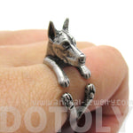 Realistic Doberman Pinscher Dog Shaped Animal Wrap Ring in Silver | Sizes 5 to 9 | DOTOLY