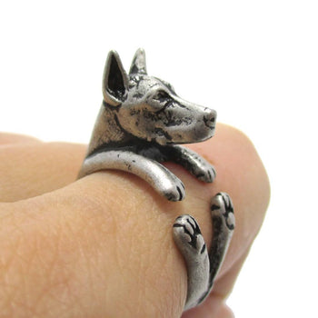 Realistic Doberman Pinscher Dog Shaped Animal Wrap Ring in Silver | Sizes 5 to 9 | DOTOLY