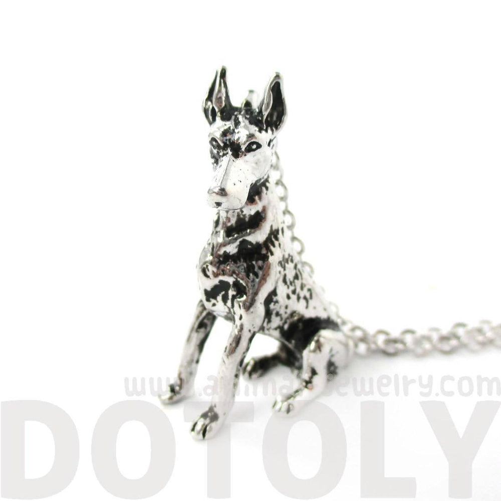 Realistic Doberman Pinscher Puppy Dog Shaped Animal Pendant Necklace in Shiny Silver | DOTOLY