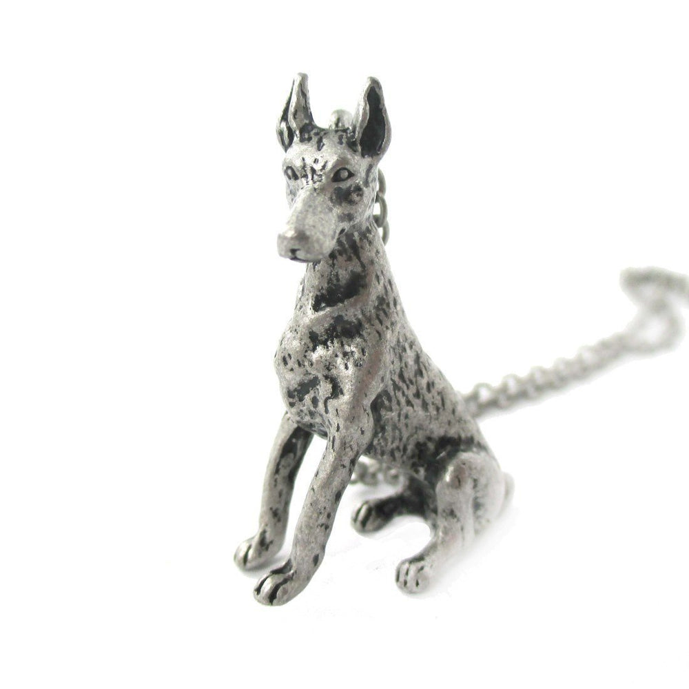 Realistic Doberman Pinscher Puppy Dog Shape Pendant Necklace in Silver