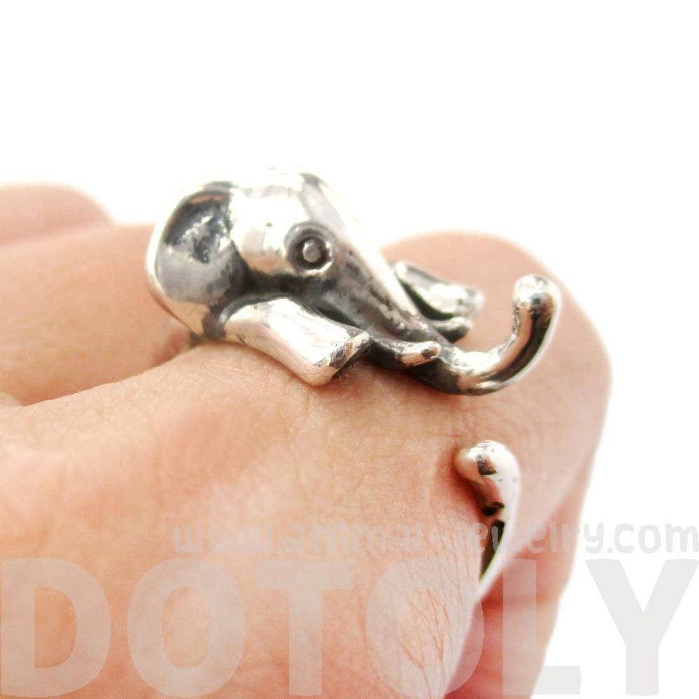 Realistic Elephant Shaped Animal Wrap Around Ring in 925 Sterling Silver | US Sizes 5 to 9 | DOTOLY