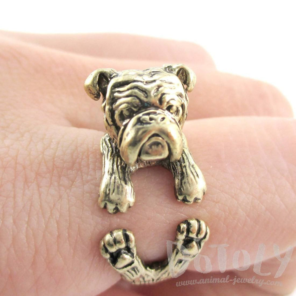 Realistic English Bulldog Shaped Animal Wrap Around Ring in Brass | Sizes 6 to 9 | DOTOLY