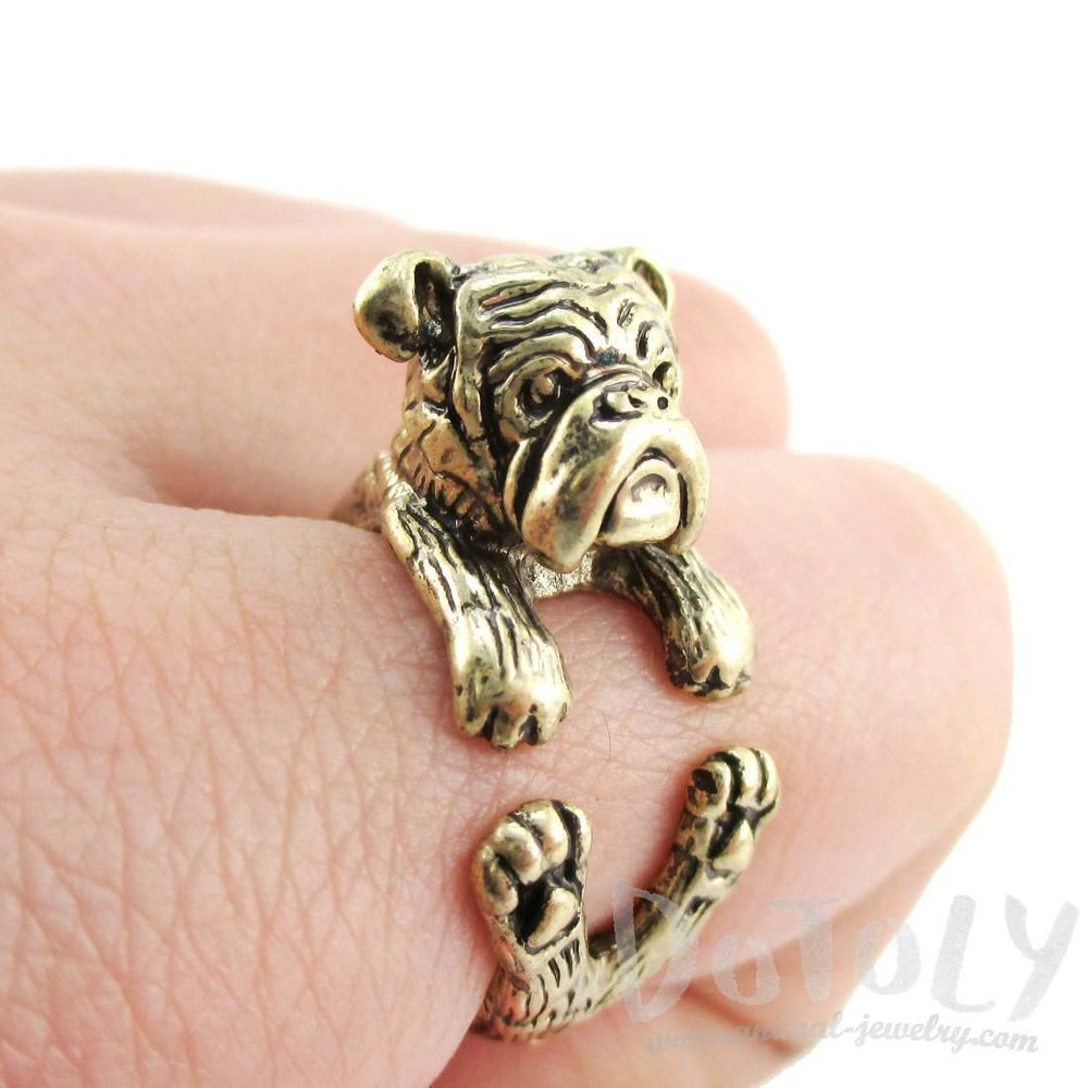 Realistic English Bulldog Shaped Animal Wrap Around Ring in Brass | Sizes 6 to 9 | DOTOLY