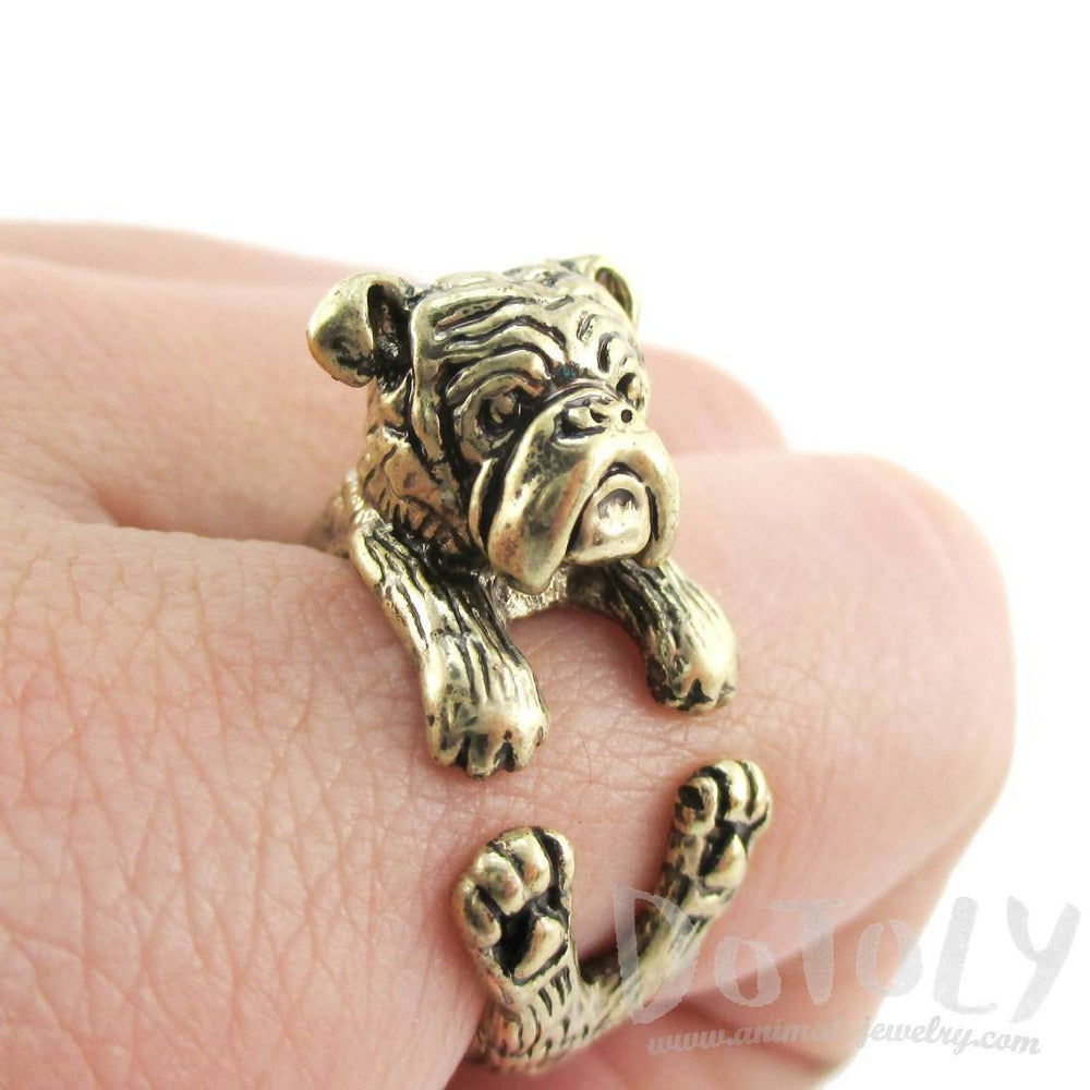 Realistic English Bulldog Shaped Animal Wrap Around Ring in Brass | Sizes 6 to 9 | DOTOLY