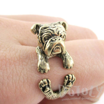 Realistic English Bulldog Shaped Animal Wrap Around Ring in Brass | Sizes 6 to 9 | DOTOLY
