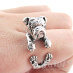 Realistic English Bulldog Shaped Animal Wrap Around Ring in Silver | Sizes 6 to 9 | DOTOLY