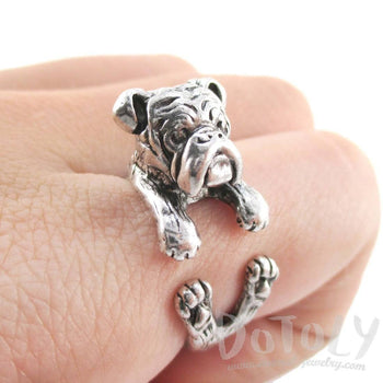 Realistic English Bulldog Shaped Animal Wrap Around Ring in Silver | Sizes 6 to 9 | DOTOLY