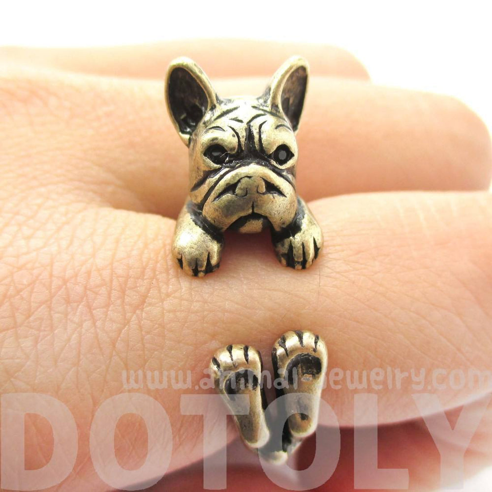 Realistic French Bulldog Dog Shaped Animal Wrap Around Ring in Brass | US Sizes 4 to 8.5 | DOTOLY