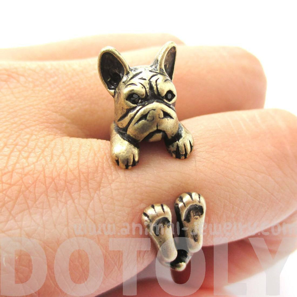 Realistic French Bulldog Dog Shaped Animal Wrap Around Ring in Brass | US Sizes 4 to 8.5 | DOTOLY