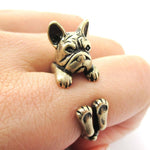 Realistic French Bulldog Dog Shaped Animal Wrap Around Ring in Brass | US Sizes 4 to 8.5 | DOTOLY