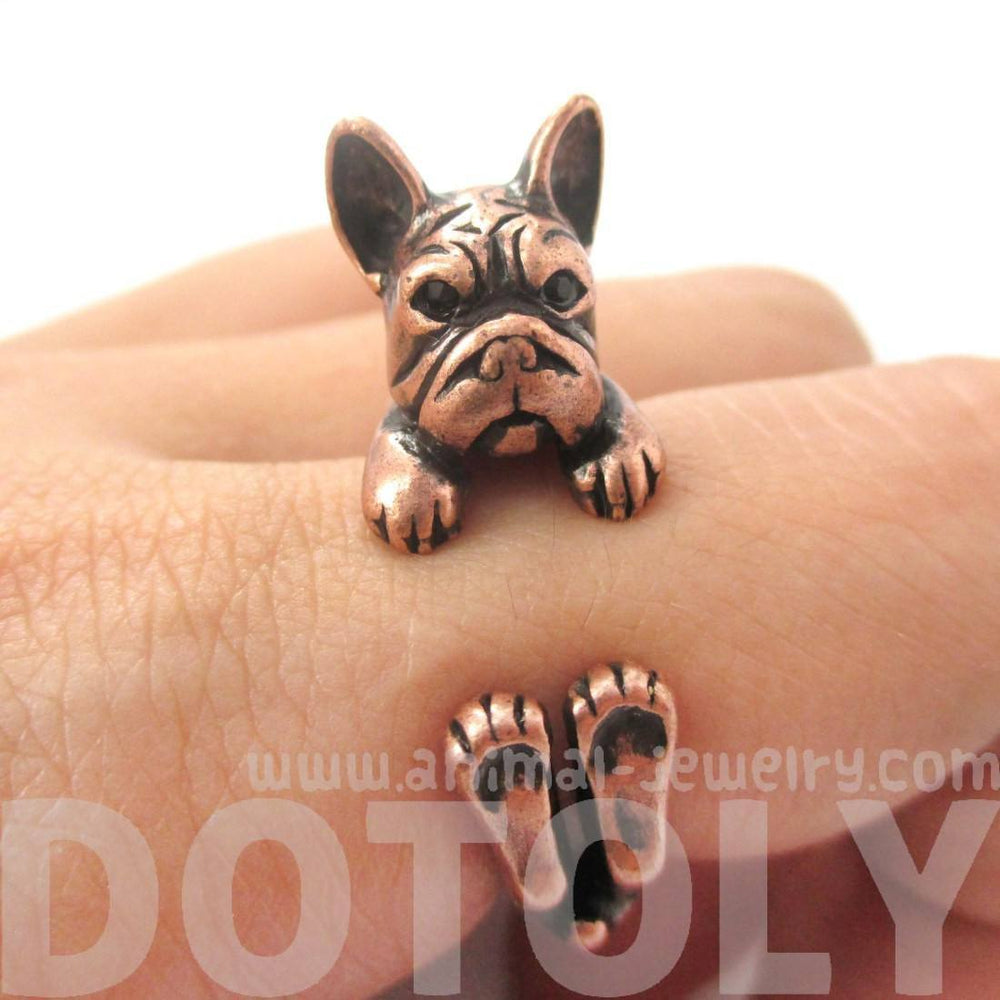Realistic French Bulldog Dog Shaped Animal Wrap Around Ring in Copper | US Sizes 4 to 8.5 | DOTOLY