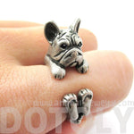 Realistic French Bulldog Dog Shaped Animal Wrap Around Ring in Silver | US Sizes 4 to 8.5 | DOTOLY