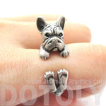 Realistic French Bulldog Dog Shaped Animal Wrap Around Ring in Silver | US Sizes 4 to 8.5 | DOTOLY