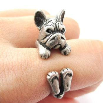 Realistic French Bulldog Dog Shaped Animal Wrap Around Ring in Silver | US Sizes 4 to 8.5 | DOTOLY