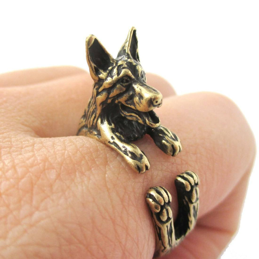 Realistic German Shepherd Shaped Animal Wrap Ring in Brass | Sizes 4 to 8.5 | DOTOLY