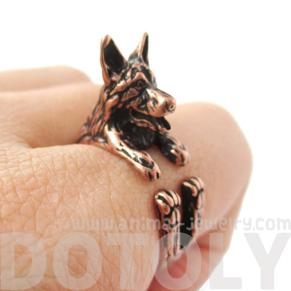 Realistic German Shepherd Shaped Animal Wrap Ring in Copper | Sizes 4 to 8.5 | DOTOLY