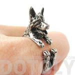 Realistic German Shepherd Shaped Animal Wrap Ring in Silver | Sizes 4 to 8.5 | DOTOLY