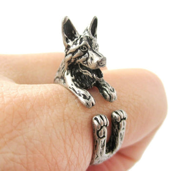 Realistic German Shepherd Shaped Animal Wrap Ring in Silver | Sizes 4 to 8.5 | DOTOLY