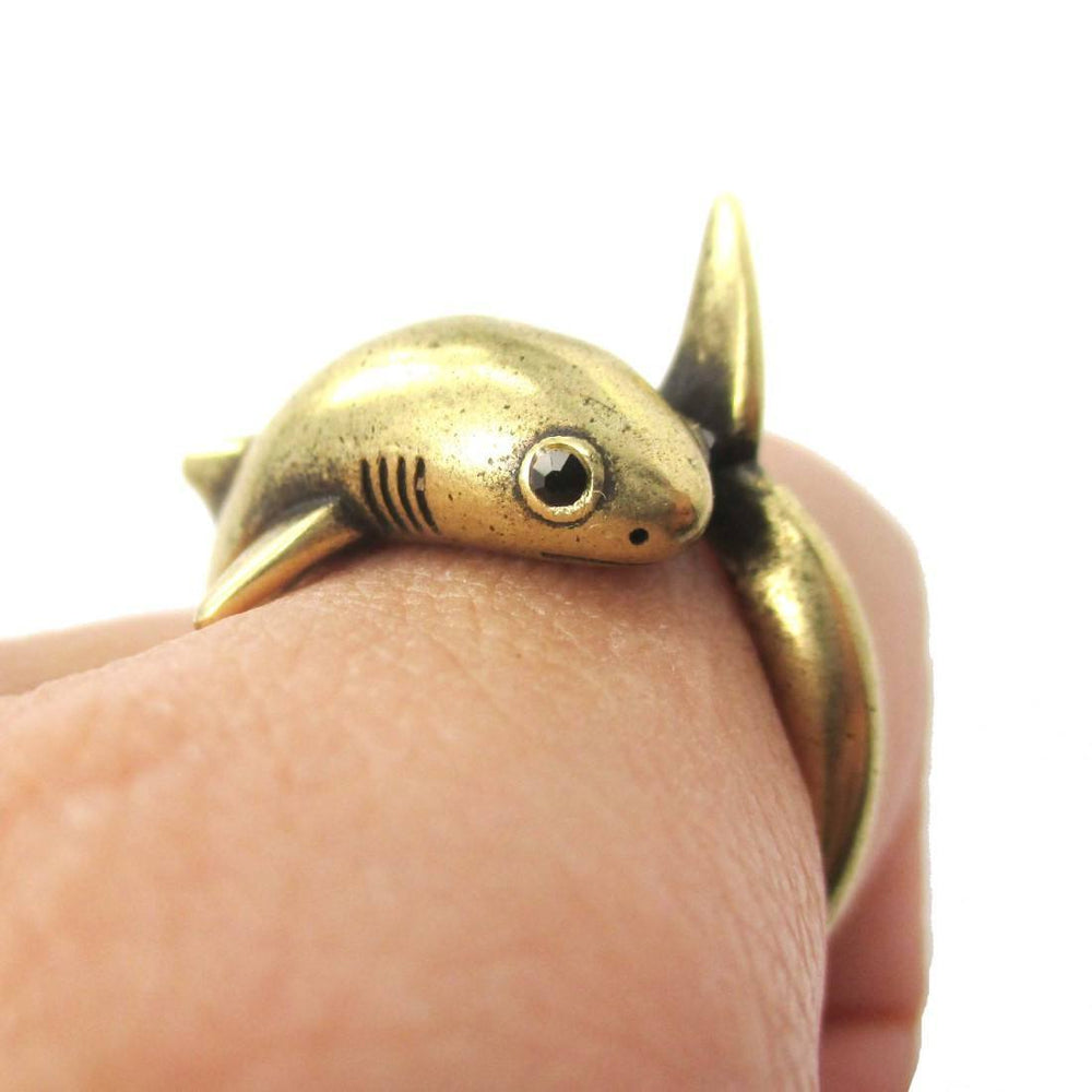 Realistic Great White Shark Shaped Animal Wrap Ring in Brass | US Size 6 to 9 | DOTOLY