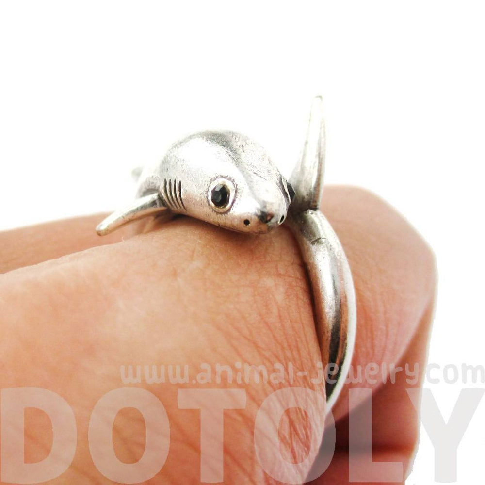 Realistic Great White Shark Shaped Animal Wrap Ring in Silver | US Size 6 to 9 | DOTOLY
