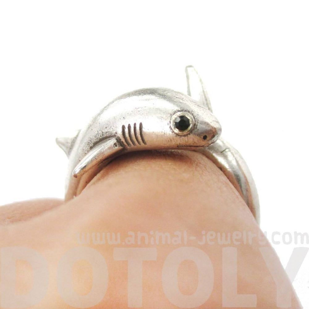 Realistic Great White Shark Shaped Animal Wrap Ring in Silver | US Size 6 to 9 | DOTOLY