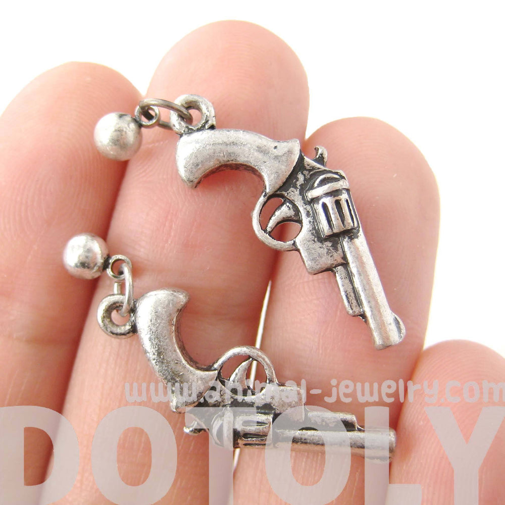 Realistic Gun Pistol Revolver Shaped Dangle Drop Stud Earrings in Silver | DOTOLY