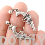 Realistic Gun Pistol Revolver Shaped Dangle Drop Stud Earrings in Silver | DOTOLY