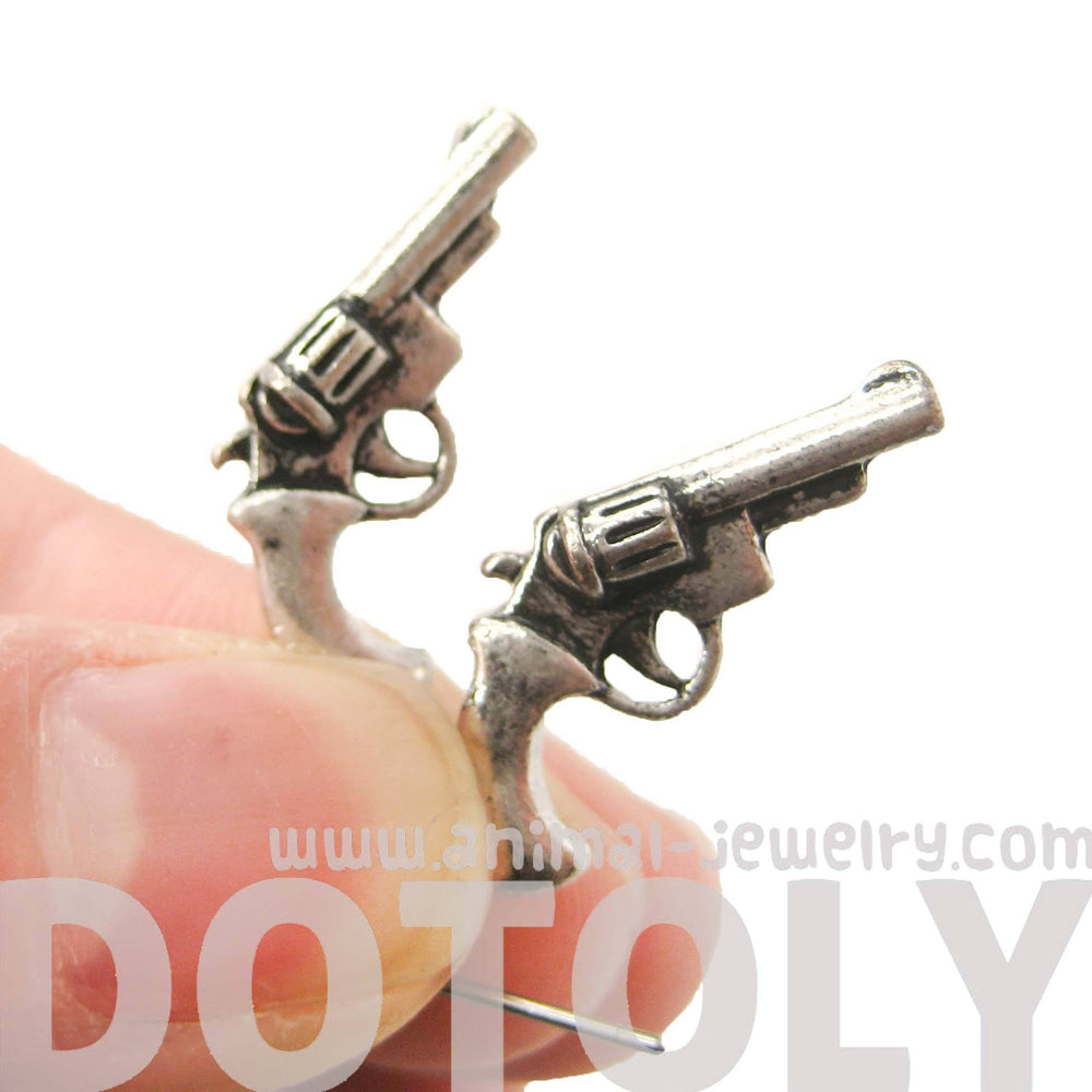 Realistic Gun Pistol Revolver Shaped Dangle Drop Stud Earrings in Silver | DOTOLY