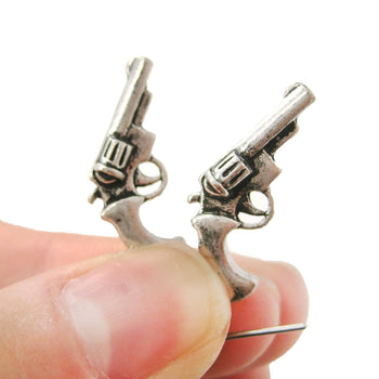 Realistic Gun Pistol Revolver Shaped Dangle Drop Stud Earrings in Silver | DOTOLY