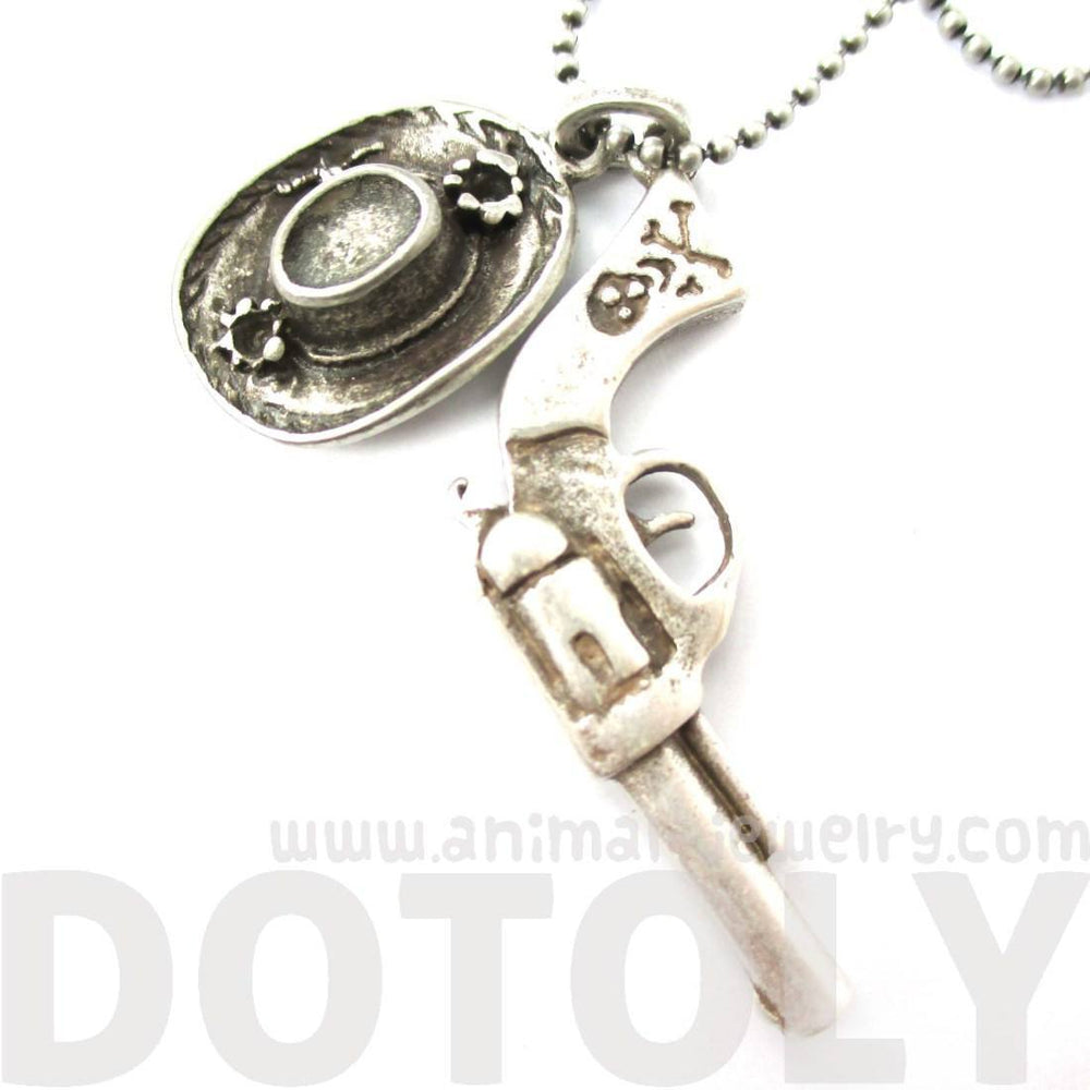 Realistic Gun Pistol Revolver and Cowboy Hat Shaped Pendant Necklace in Silver | DOTOLY | DOTOLY