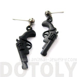 Realistic Gun Pistol Revolver Shaped Dangle Drop Stud Earrings in Black | DOTOLY