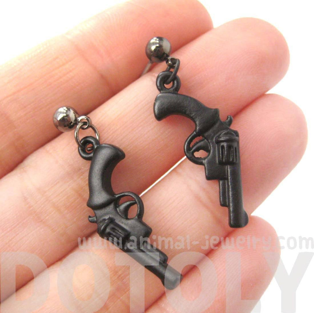 Realistic Gun Pistol Revolver Shaped Dangle Drop Stud Earrings in Black | DOTOLY