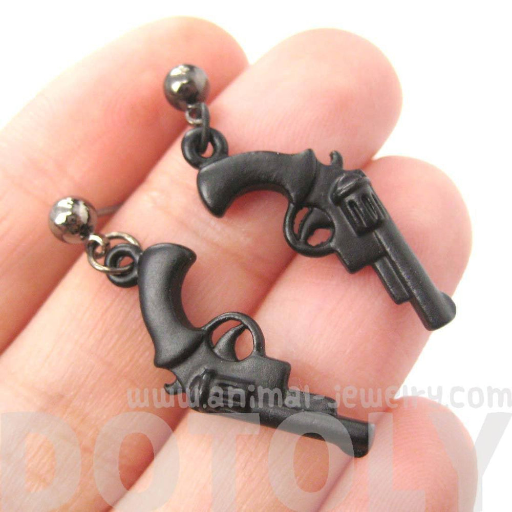 Realistic Gun Pistol Revolver Shaped Dangle Drop Stud Earrings in Black | DOTOLY