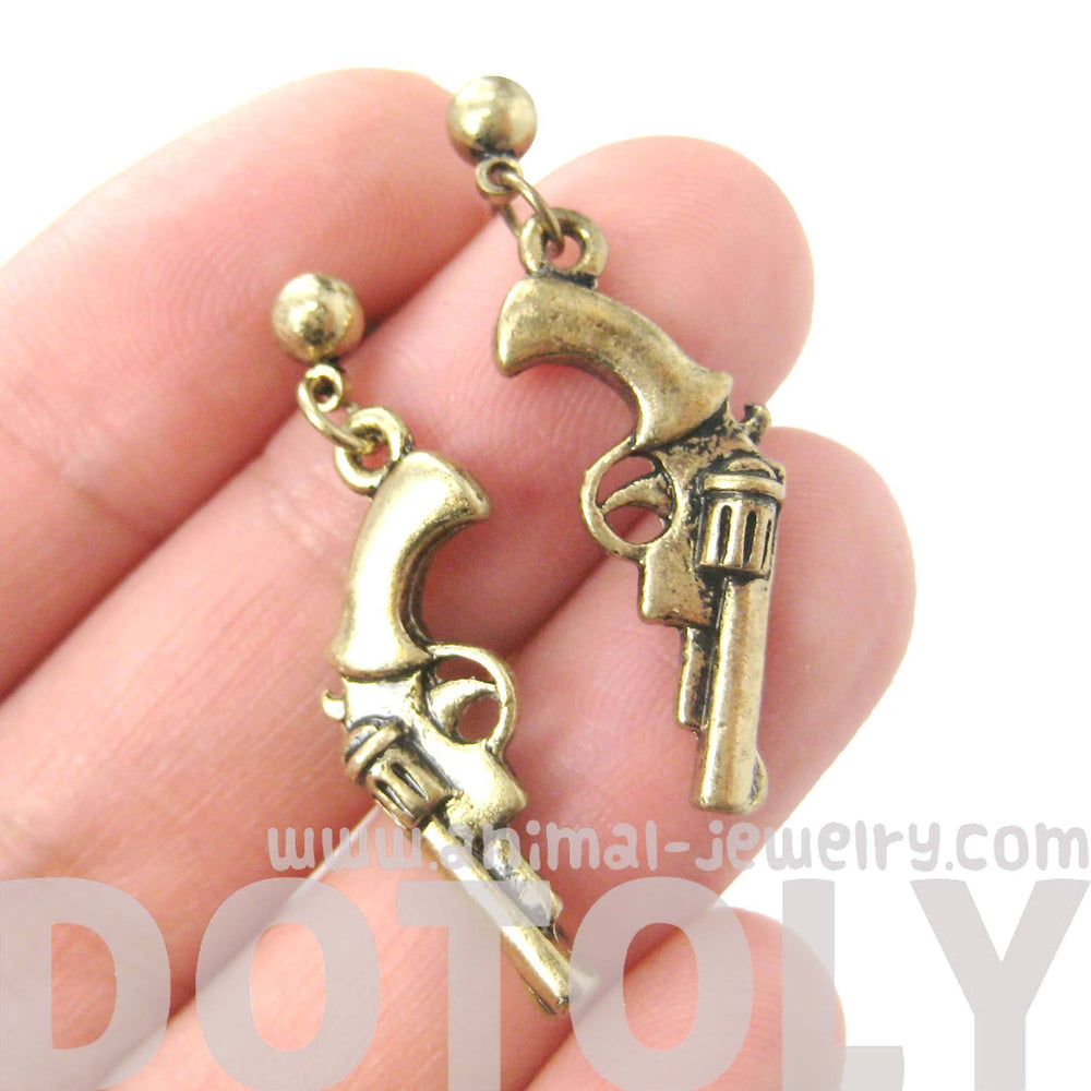 Realistic Gun Pistol Revolver Shaped Dangle Drop Stud Earrings in Brass | DOTOLY