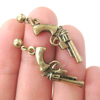 Realistic Gun Pistol Revolver Shaped Dangle Drop Stud Earrings in Brass | DOTOLY