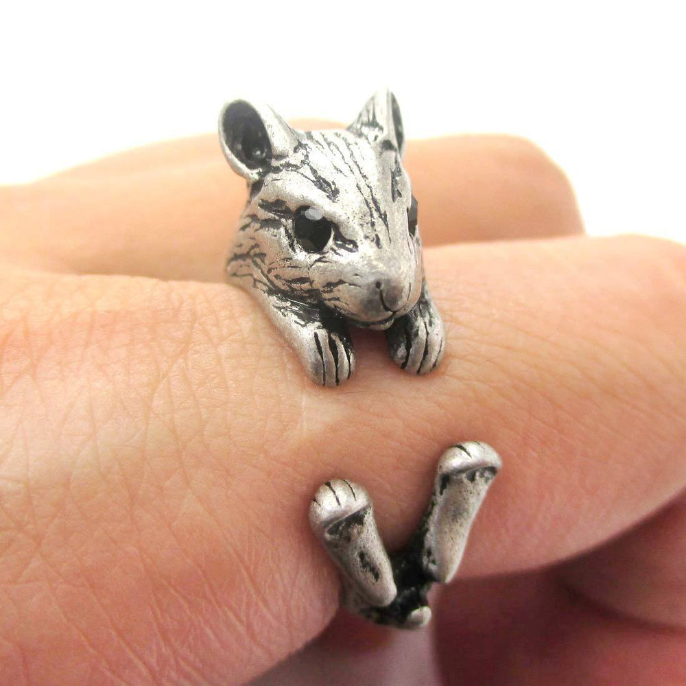 Realistic Hamster Gerbil Guinea Pig Shaped Animal Wrap Around Ring in Silver | US Sizes 4 to 8.5 | DOTOLY