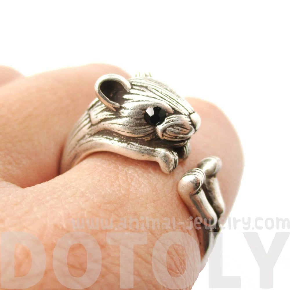 Realistic Hamster Gerbil Shaped Animal Wrap Ring in Silver | US Size 6 to 9 | DOTOLY