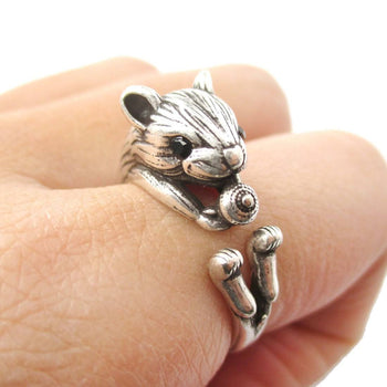 Realistic Hamster Gerbil With Walnut Animal Wrap Ring in Silver | US Size 6 to 9 | DOTOLY