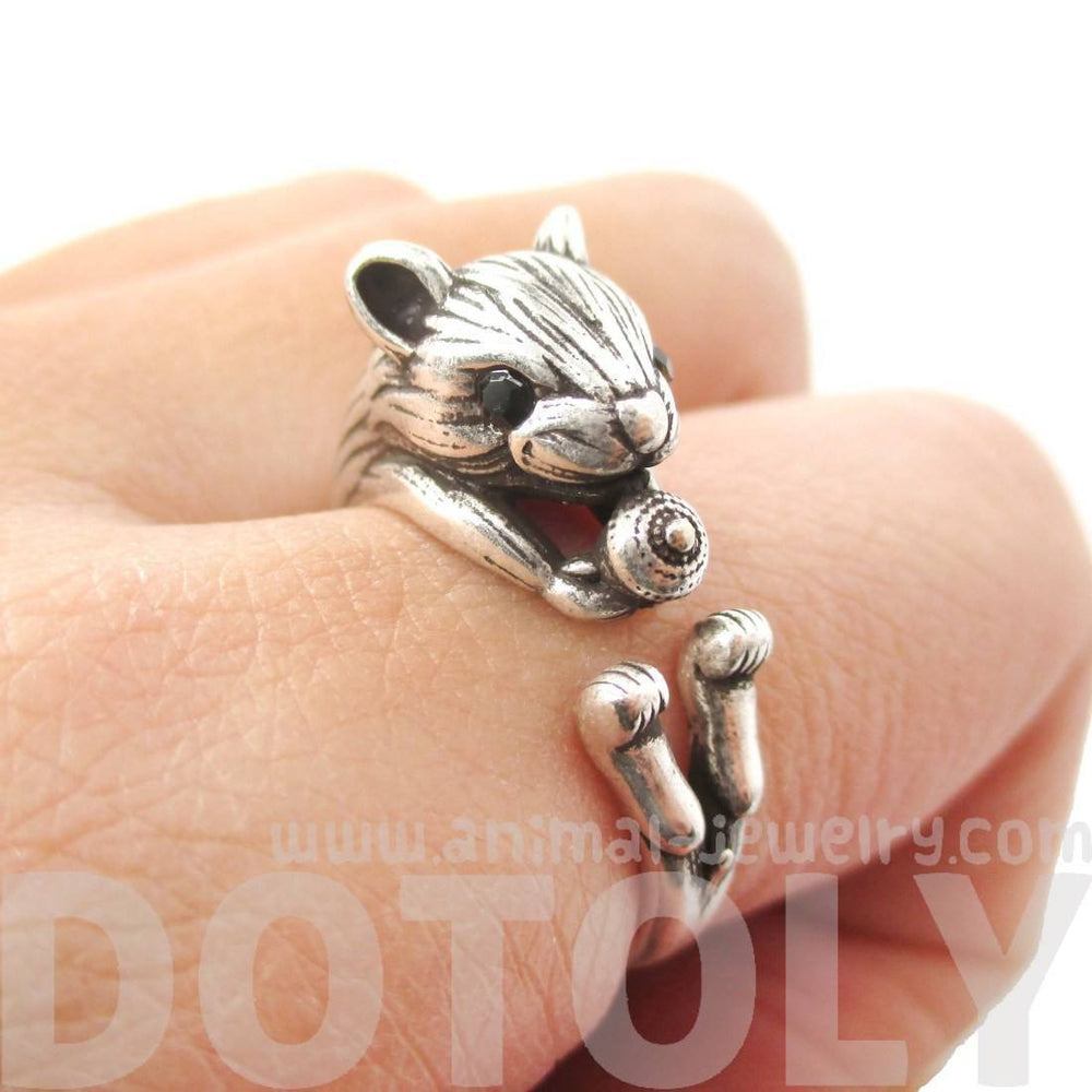 Realistic Hamster Gerbil With Walnut Animal Wrap Ring in Silver | US Size 6 to 9 | DOTOLY