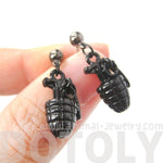 Realistic Hand Grenade Bomb Ammo Shaped Dangle Drop Stud Earrings in Black | DOTOLY