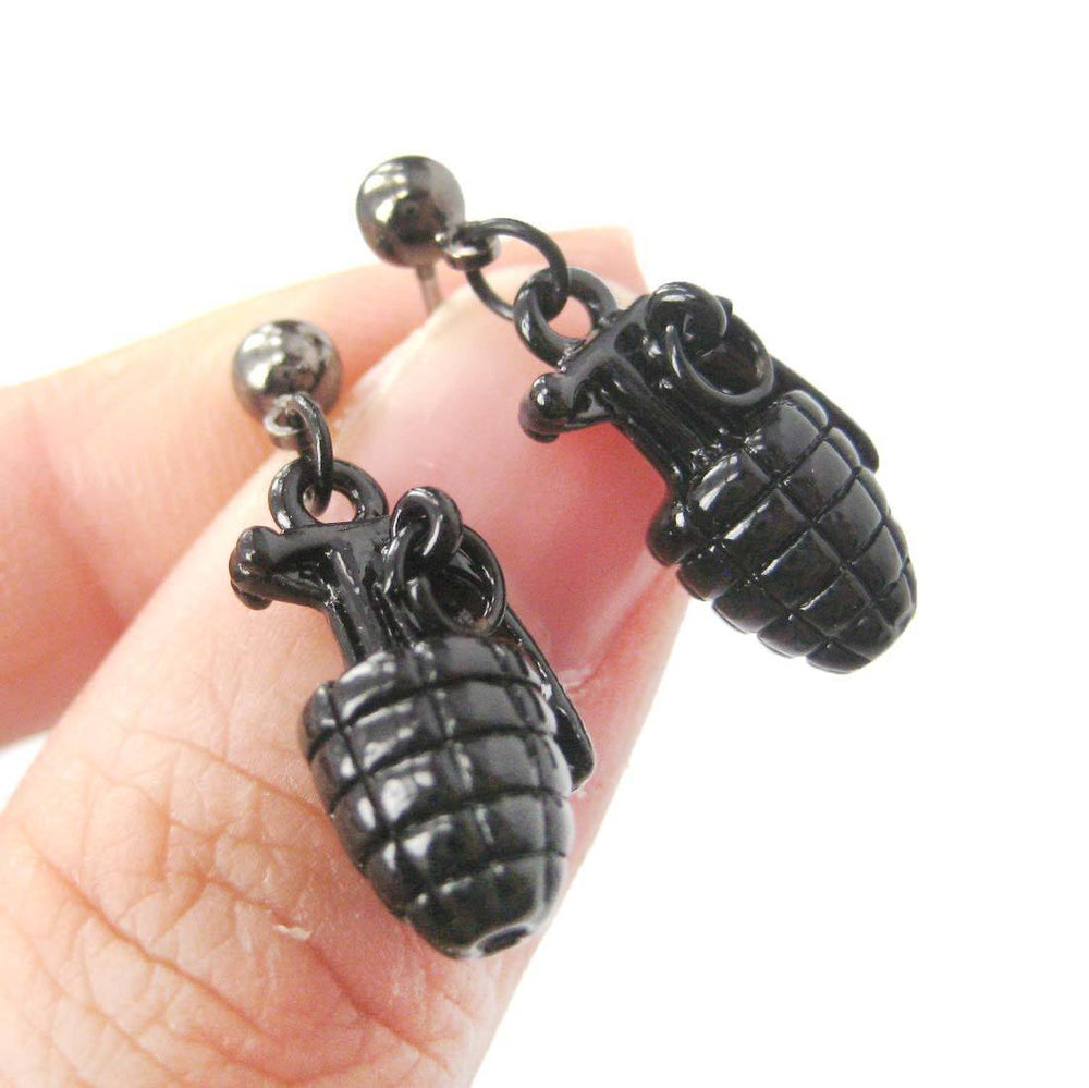 Realistic Hand Grenade Bomb Ammo Shaped Dangle Drop Stud Earrings in Black | DOTOLY