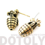 Realistic Hand Grenade Bomb Ammo Shaped Dangle Drop Stud Earrings in Brass | DOTOLY